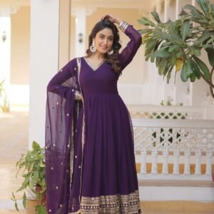 Purple Faux Blooming Gown with Sequined Dupatta ? Elegant Fully Flared Party & Wedding Set