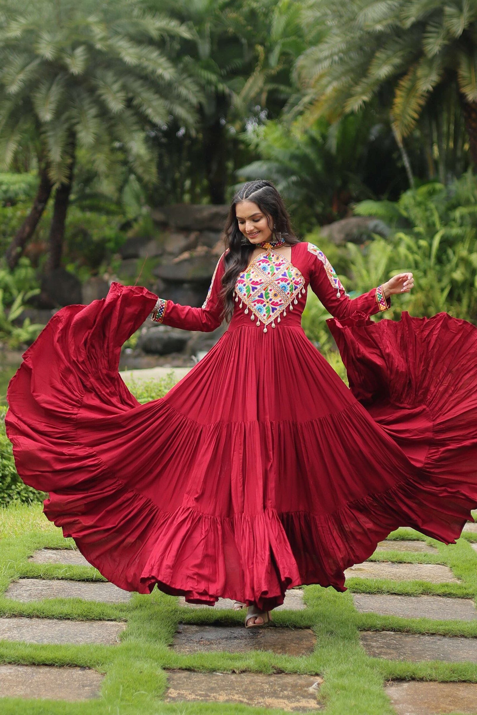 Maroon Reyon Partywear Gown with Kutchi Gamthi Work - Image 6