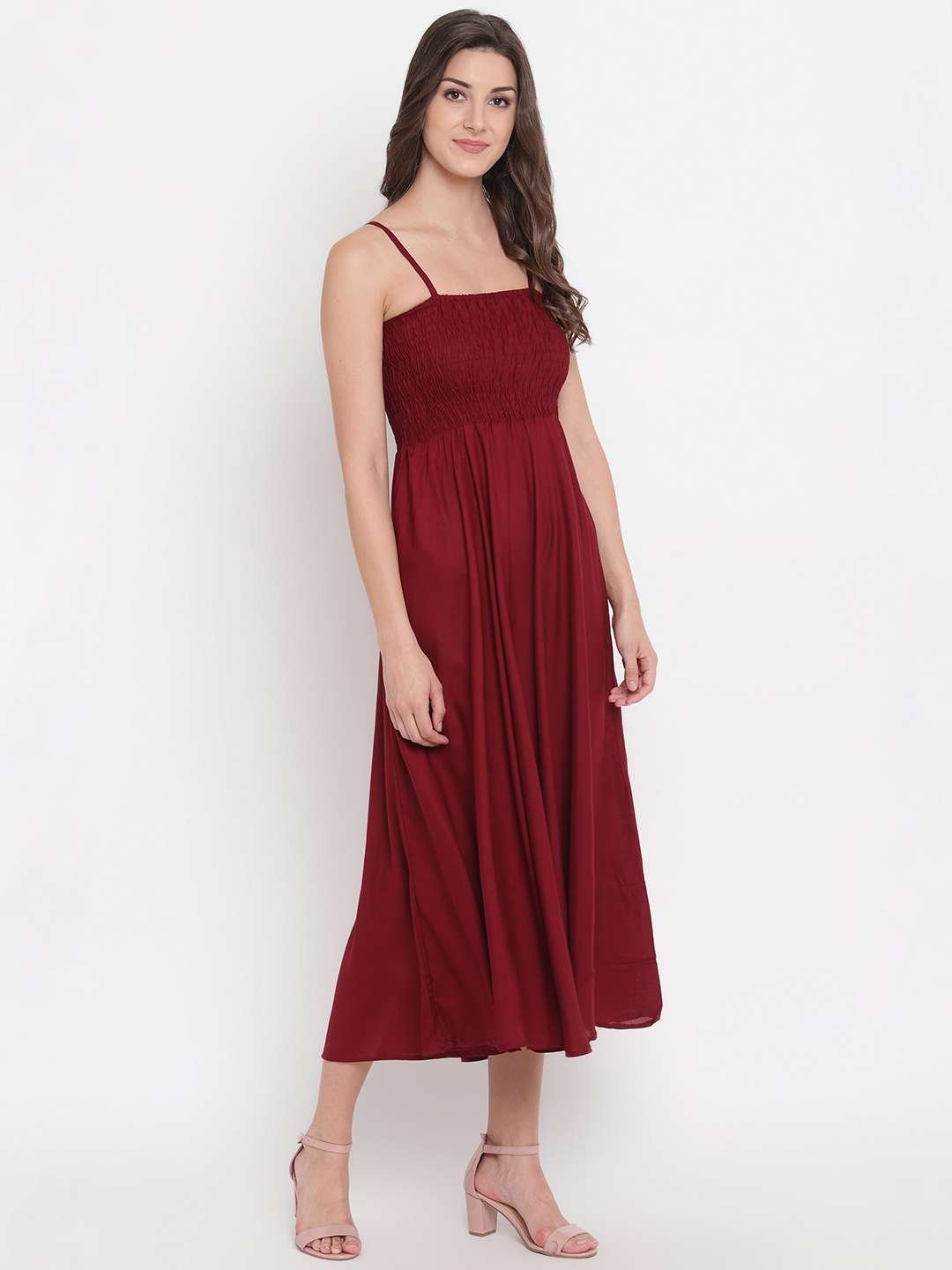 Women's Viscose Rayon Solid Shoulder Straps Sleeveless Flared Gown Drees (Maroon)