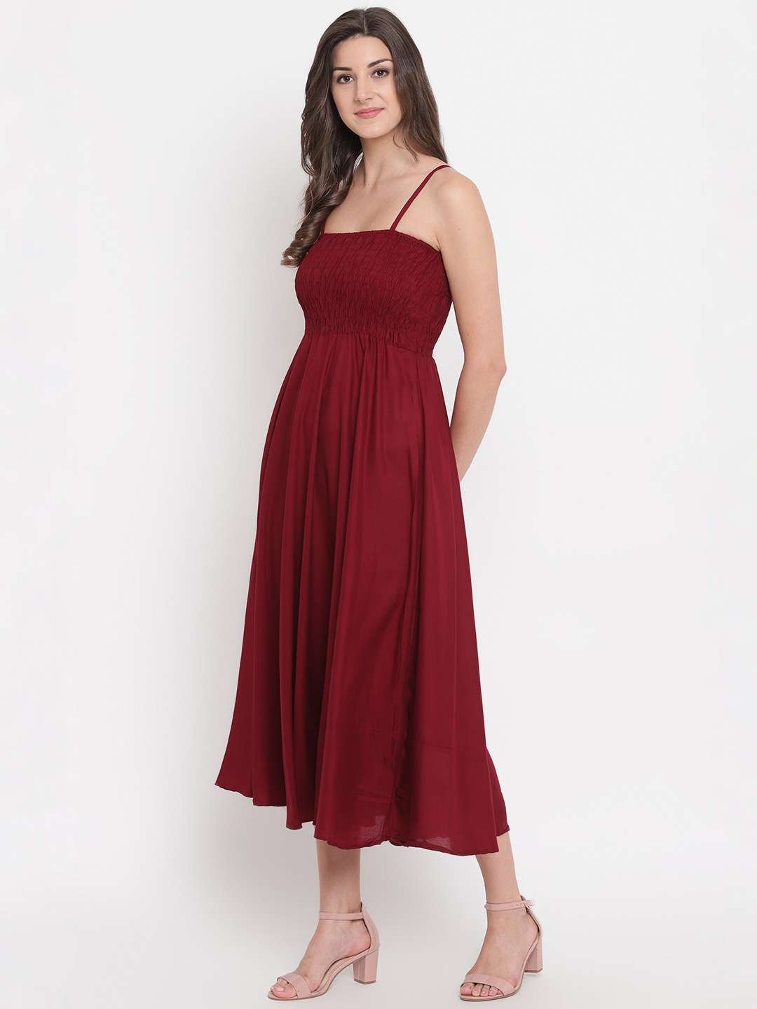 Women's Viscose Rayon Solid Shoulder Straps Sleeveless Flared Gown Drees (Maroon) - Image 5