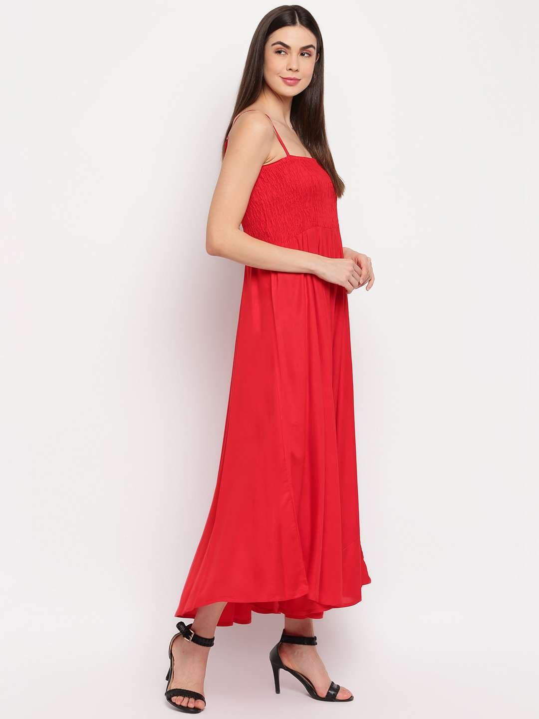 Women's Viscose Rayon Solid Shoulder Straps Sleeveless Flared Gown Drees (Red)