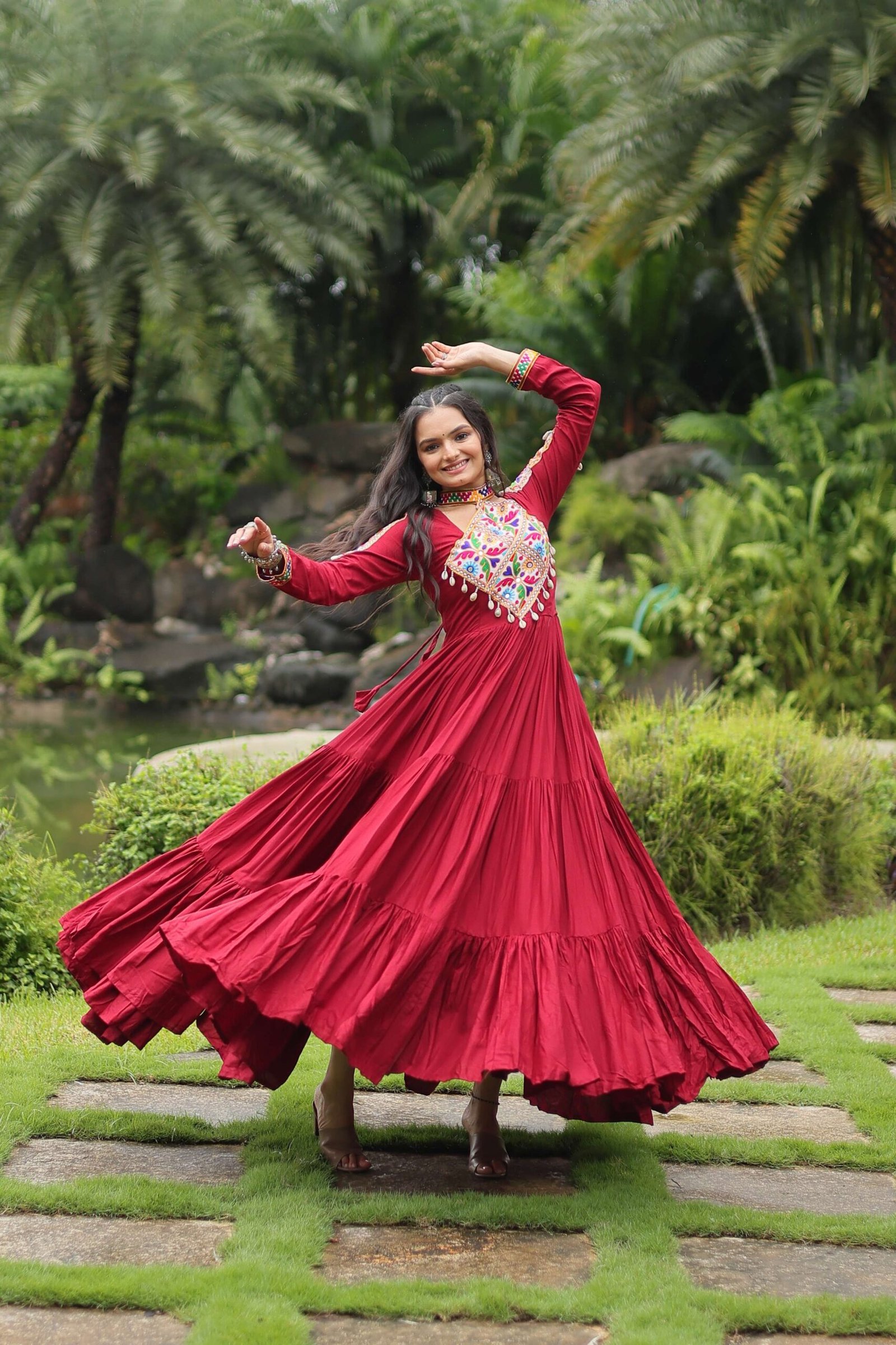 Maroon Reyon Partywear Gown with Kutchi Gamthi Work - Image 8