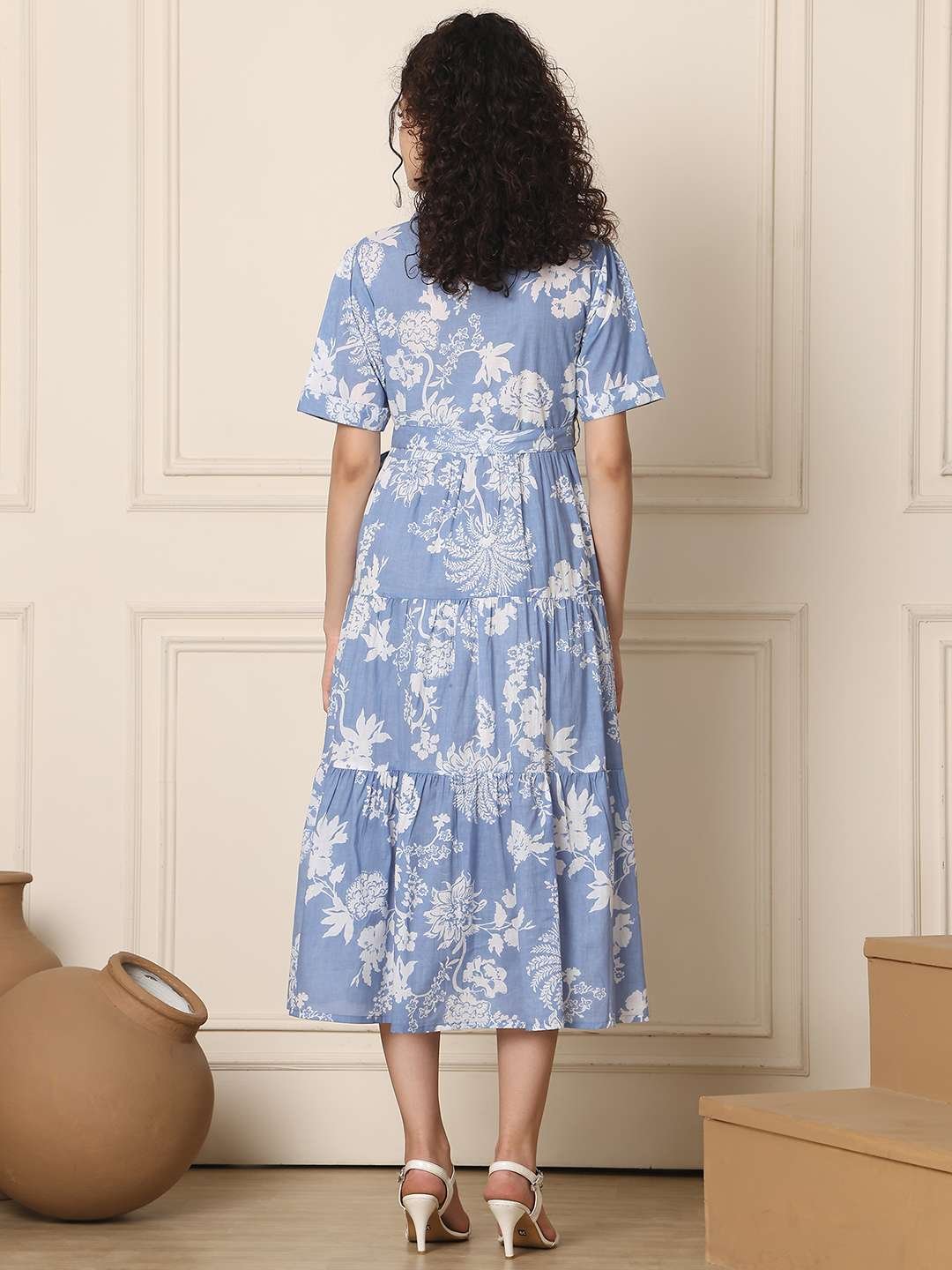Women's Cotton Printed A-Line Midi Dress | Short Sleeve Flared Gown Dress (Sky Blue) - Image 7